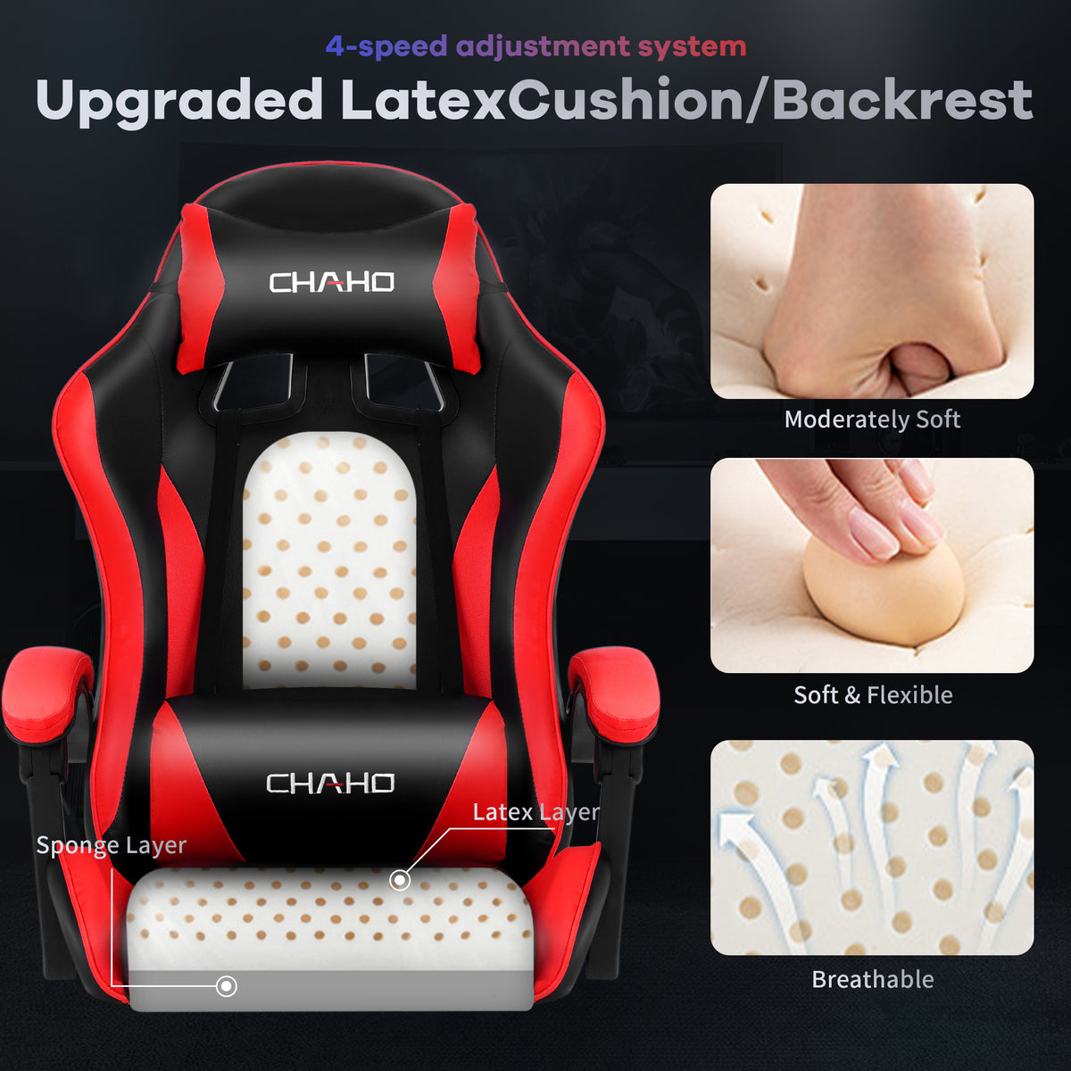 Gaming Chair, CHAHO Ergonomic Office Chair Computer Racing Chair with Footrest Lumbar Support Headrest and Bluetooth Speakers for adults, Red/White