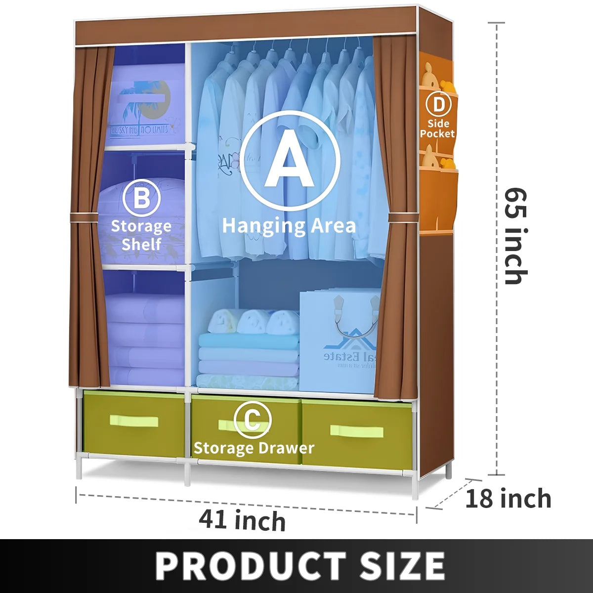 Portable Closet,Brochao Portable Wardrobe with 3 Drawer and 4 Storage Shelves and Side Pocket for Clothes Storage Organizer