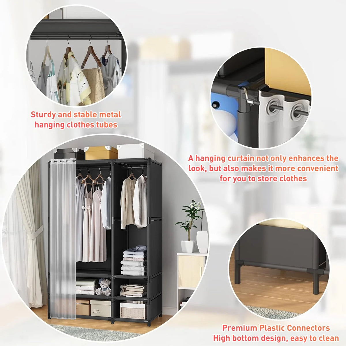 Portable Closet,Large Portable Wardrobe with 2 Hanging  & 4 Storage Shelves, Sturdy Clothes Storage Cabinet with Curtain for Living Room, Clothes Room