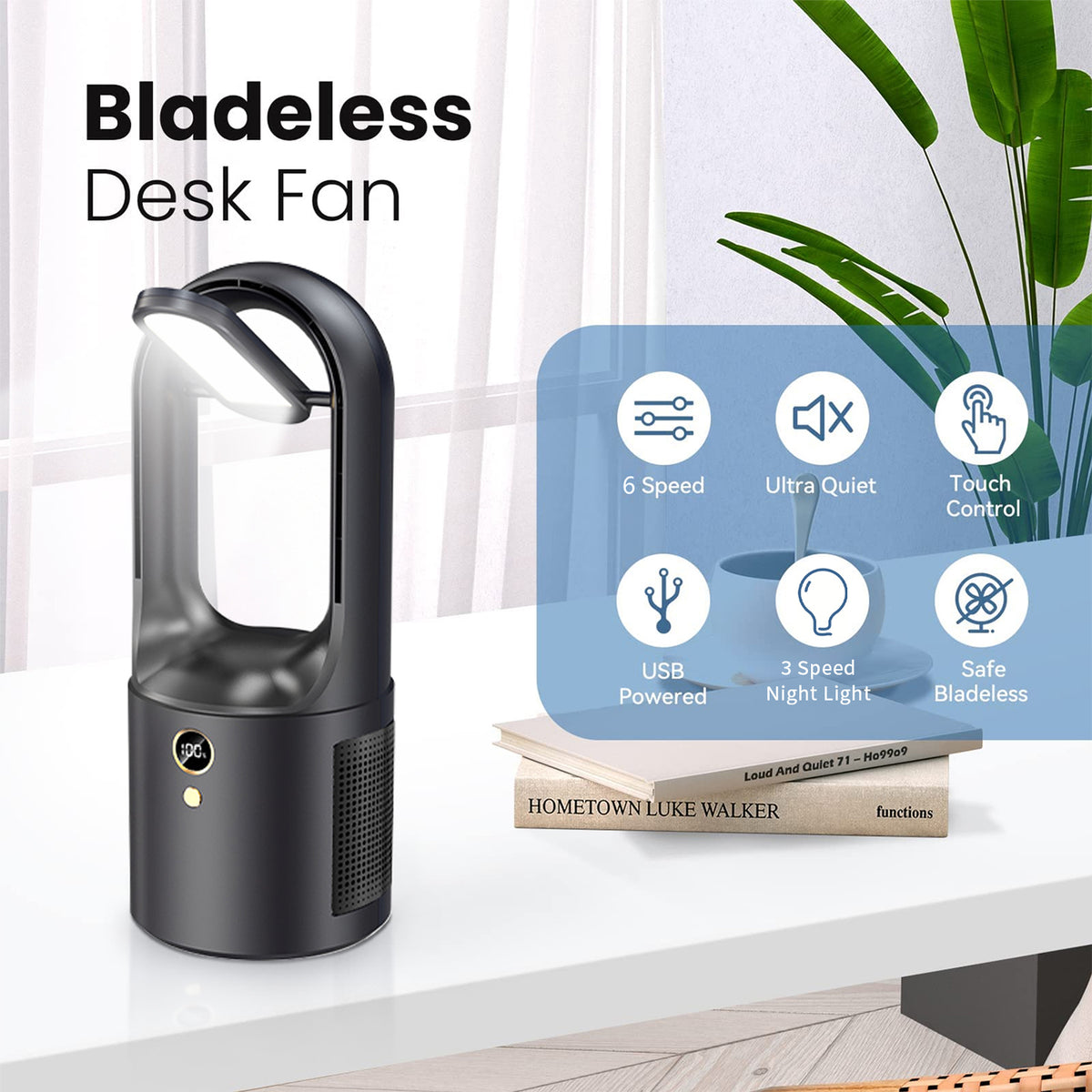 Bladeless Fan with LED Light, 13 inch Personal Desk Fan, with 6 Speeds and 3 Light Modes, for Bedroom Home Office Desktop