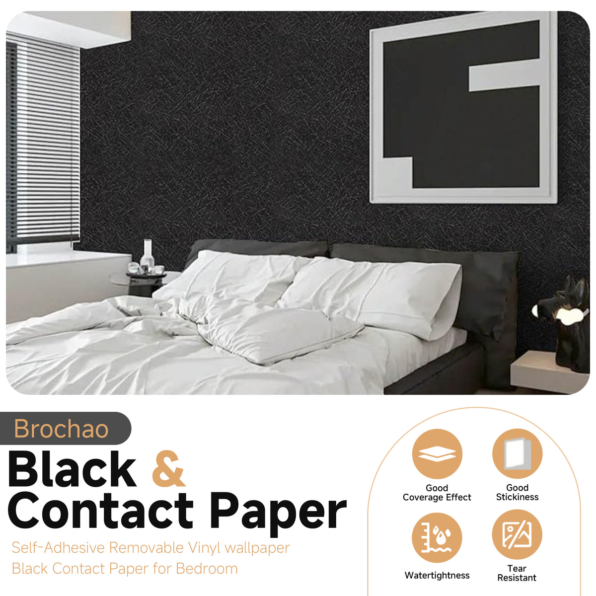 Brochao 17.7x118"Black Silk Peel and Stick Wallpaper Waterproof Embossed Self Adhesive Contact Paper Removable Cabinet Furniture Textured Wall Paper