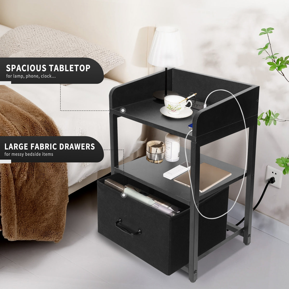 Brochao Nightstand with Charging Station, LED Light Night Stand with Fabric Drawers, Bedside Tables for Bedroom, Black