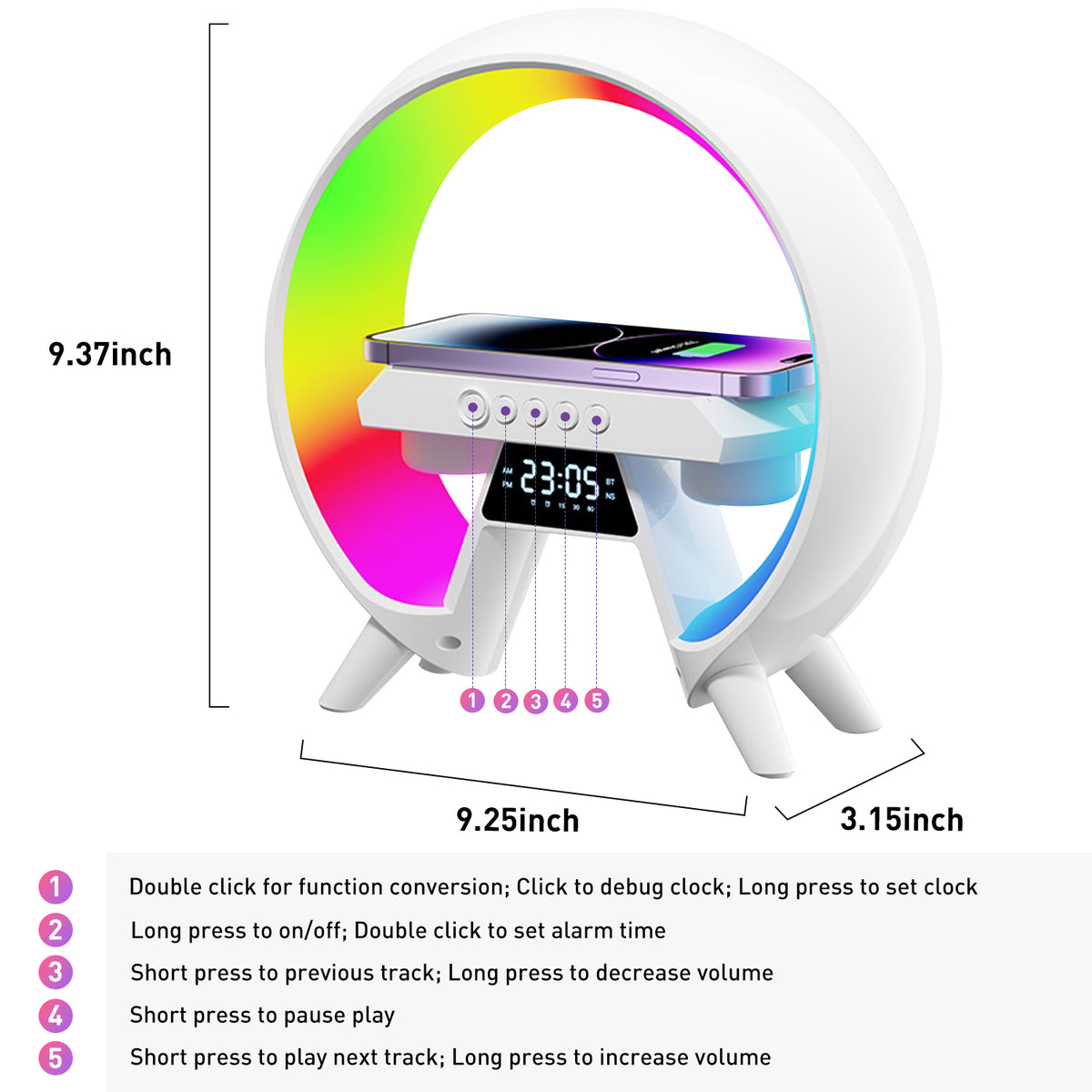 Brochao Digital Alarm Clock with Wireless Charging, Bluetooth Speaker & Dimmable Night Light, 4 in 1 LED Table Lamp Desk Lamp for Bedroom Living Room Office