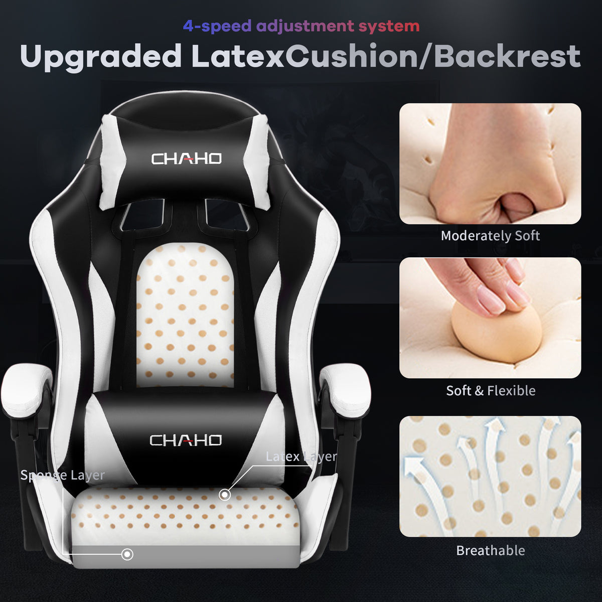 Gaming Chair, CHAHO Ergonomic Office Chair Computer Racing Chair with Footrest Lumbar Support Headrest and Bluetooth Speakers for adults, Red/White