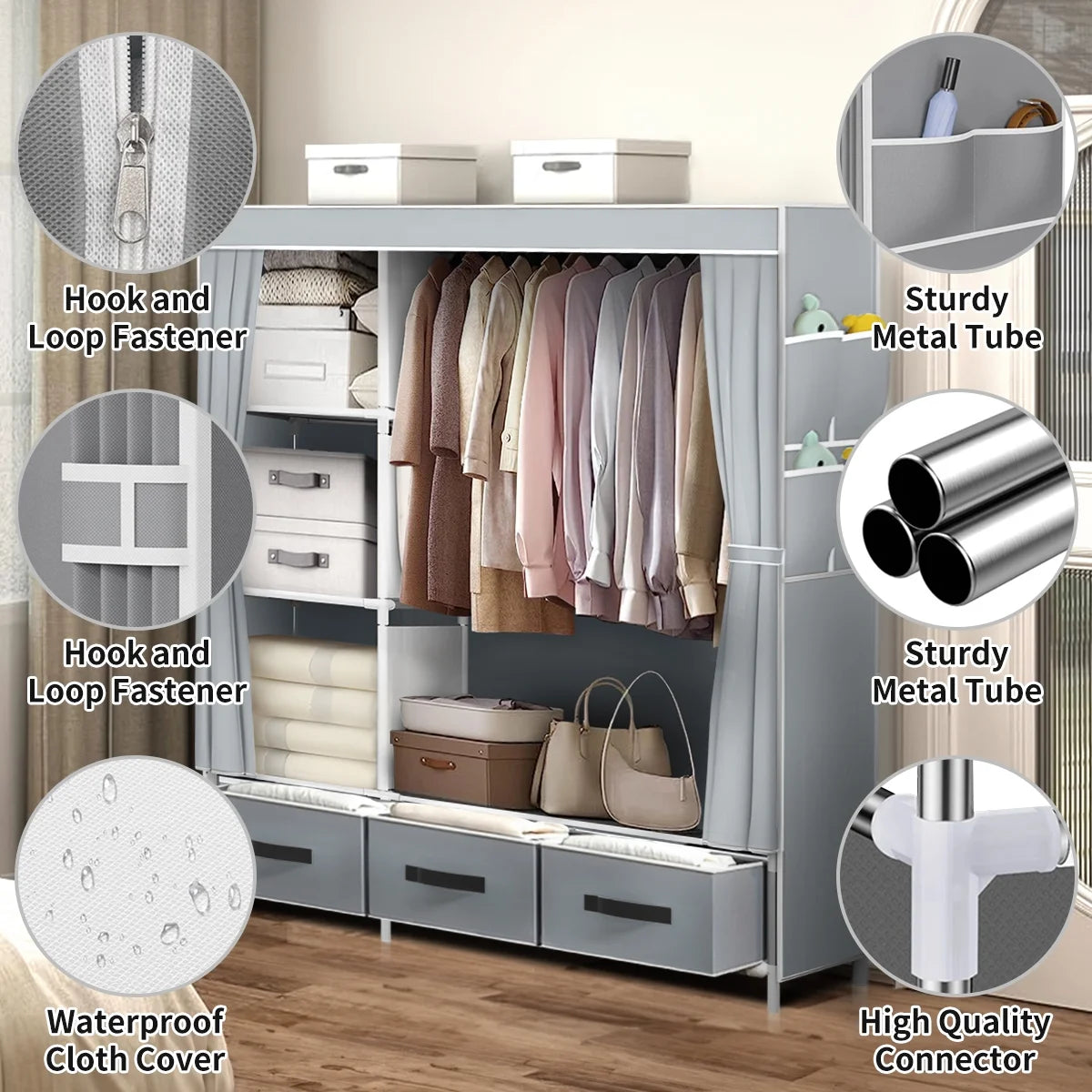 Portable Closet,Brochao Portable Wardrobe with 3 Drawer and 4 Storage Shelves and Side Pocket for Clothes Storage Organizer