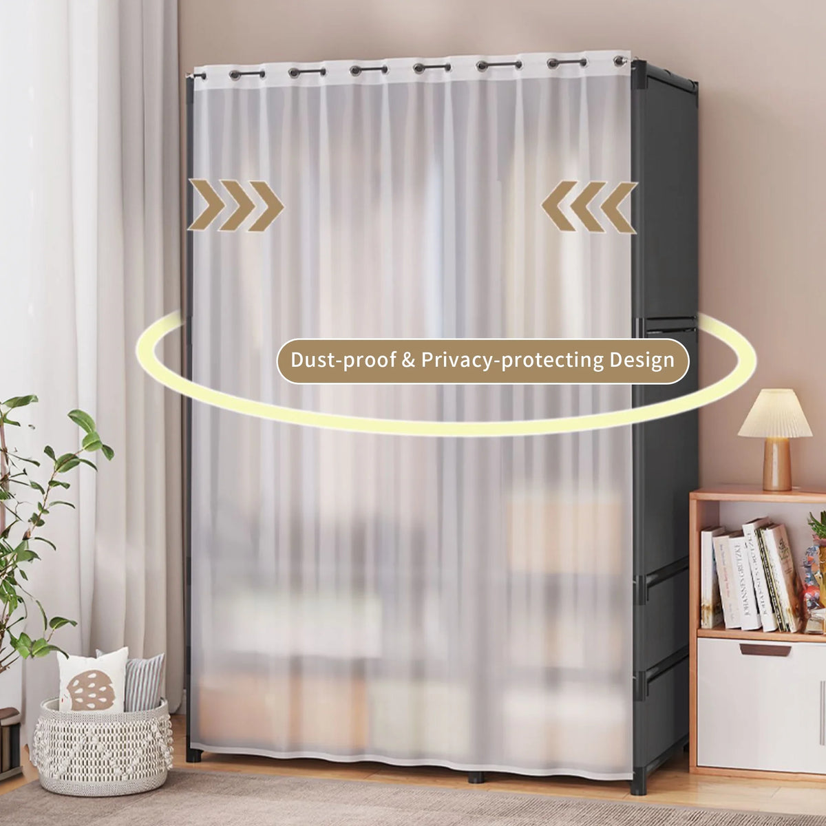 Portable Closet,Large Portable Wardrobe with 2 Hanging  & 4 Storage Shelves, Sturdy Clothes Storage Cabinet with Curtain for Living Room, Clothes Room