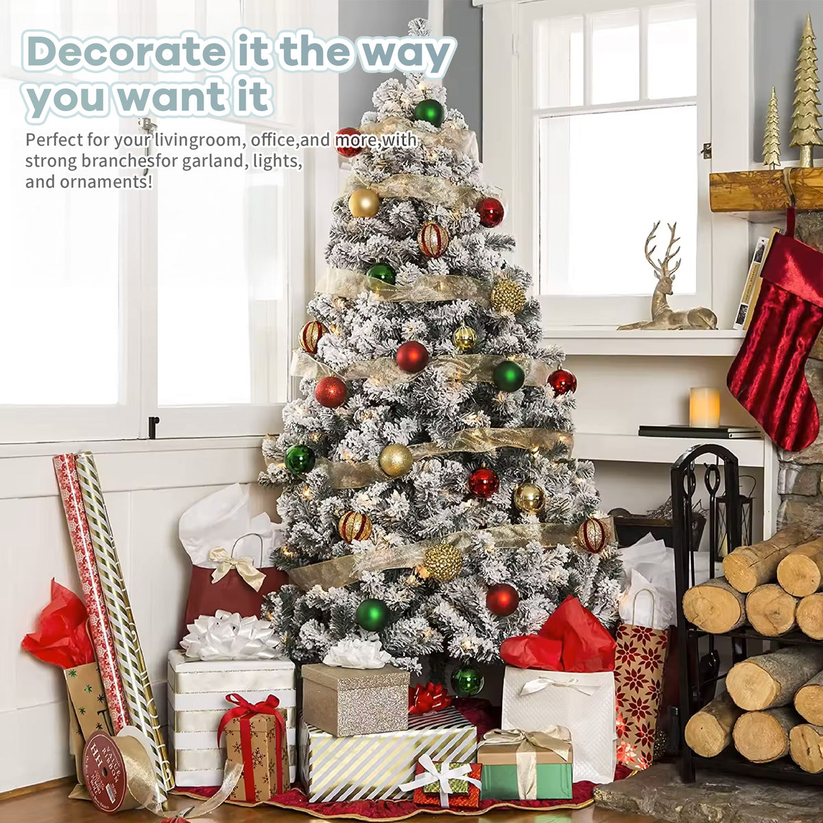 Brochao 7.9ft Snow Flocked Christmas Tree, Artificial PVC Xmas Pine Tree with 1100 Branch Tips, Outdoor Indoor Unlit Holiday Decor