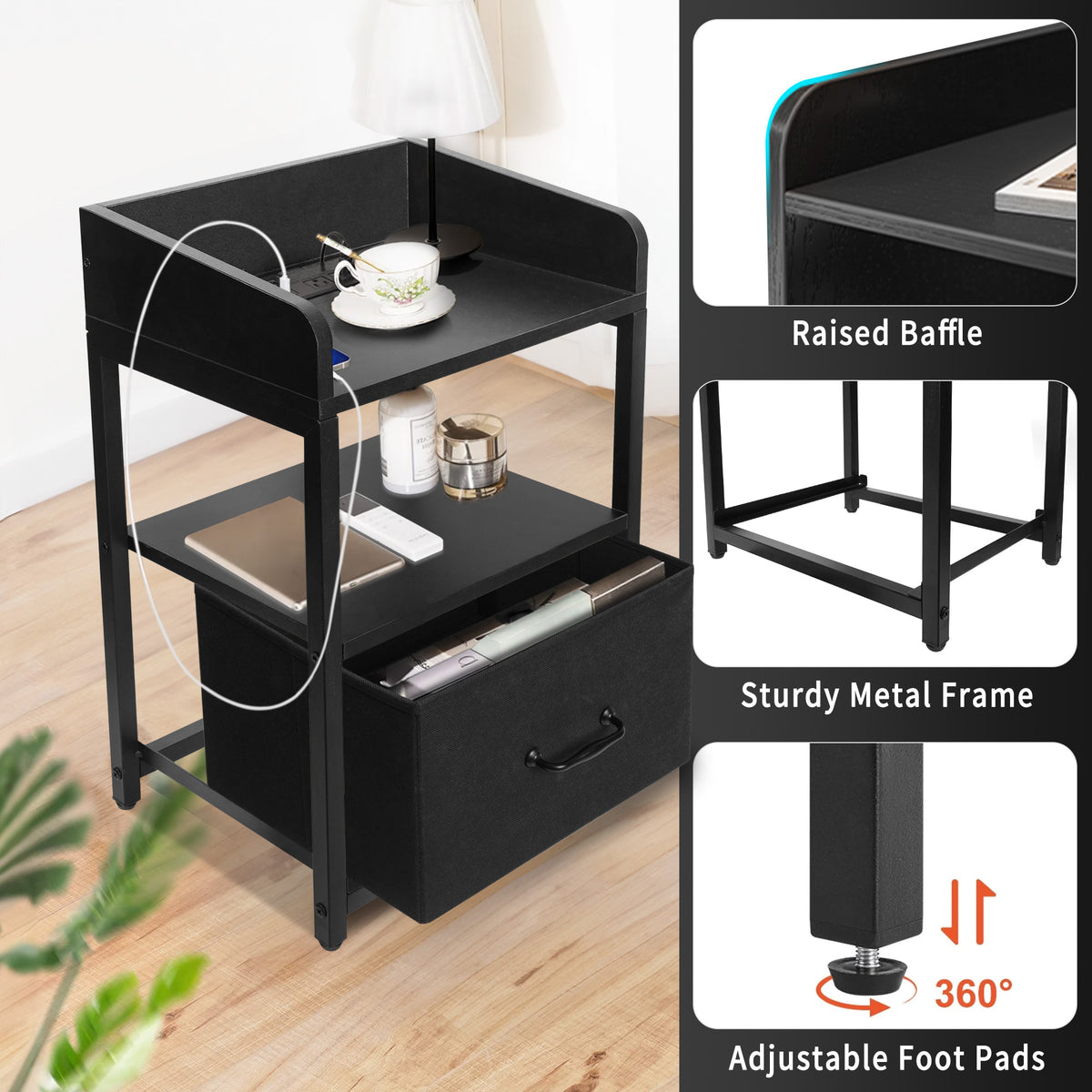 Brochao Nightstand with Charging Station, LED Light Night Stand with Fabric Drawers, Bedside Tables for Bedroom, Black