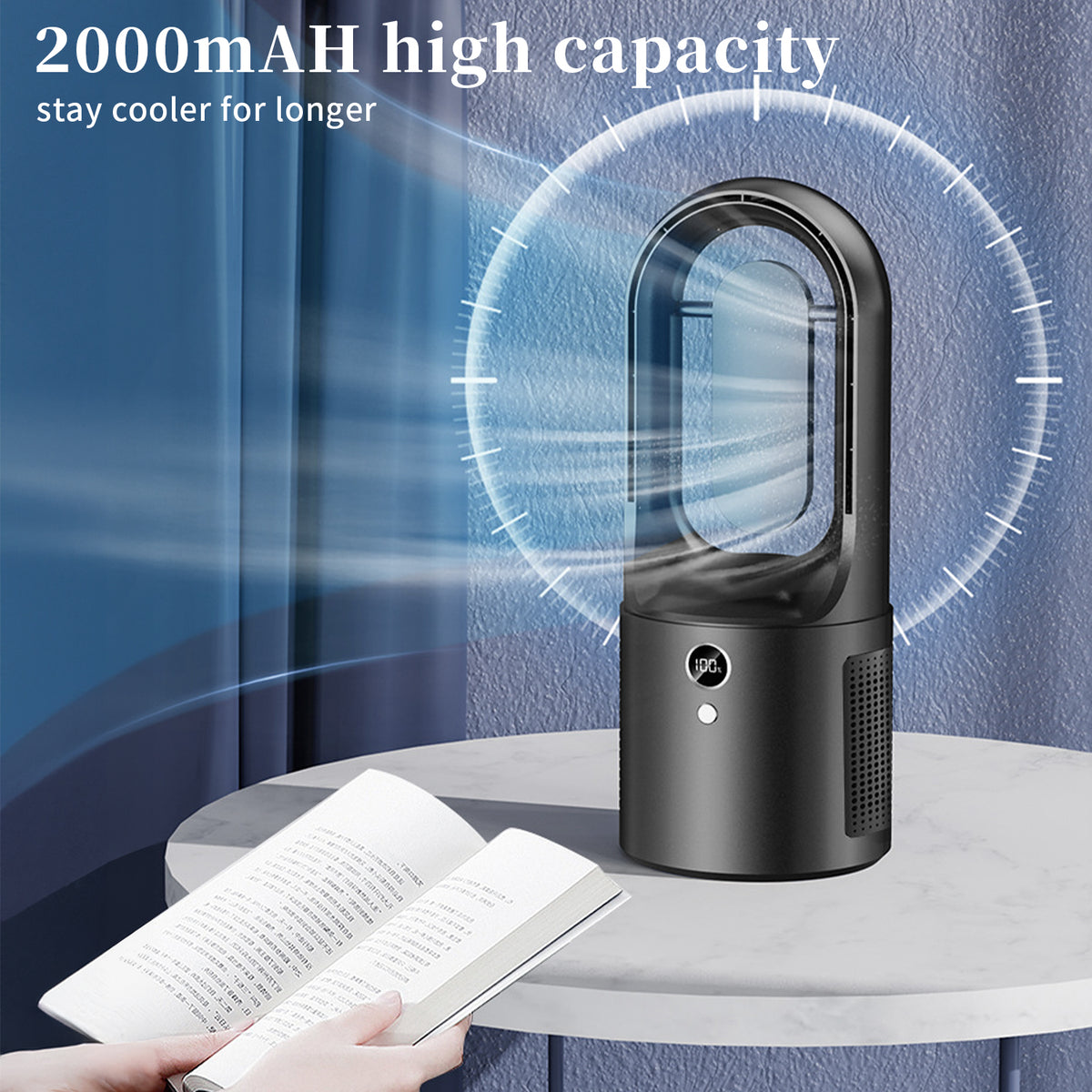 Bladeless Fan with LED Light, 13 inch Personal Desk Fan, with 6 Speeds and 3 Light Modes, for Bedroom Home Office Desktop