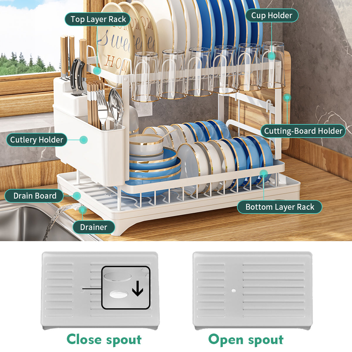 2-Tier Dish Rack, BRC Rustproof Dish Drainer with Drain Board and Utensil Holder for Kitchen