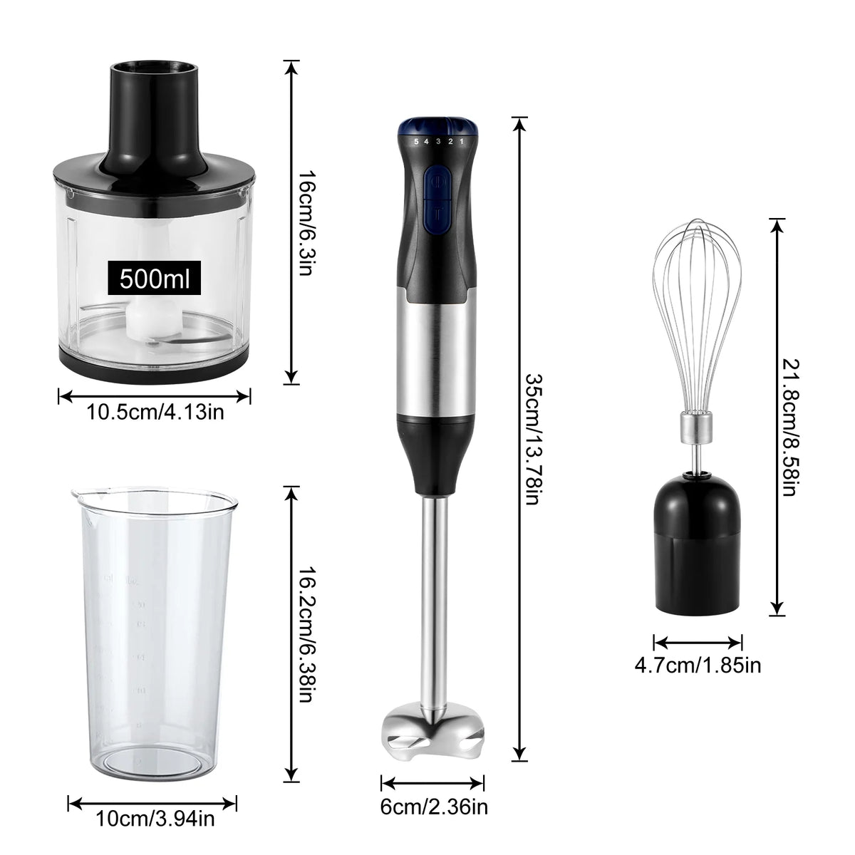 4-in-1 Immersion Blender, Titanium Steel Blades 1000 Watts, 5-Position and Turbo Mode Stick with Whisk, Food Processor, Beaker