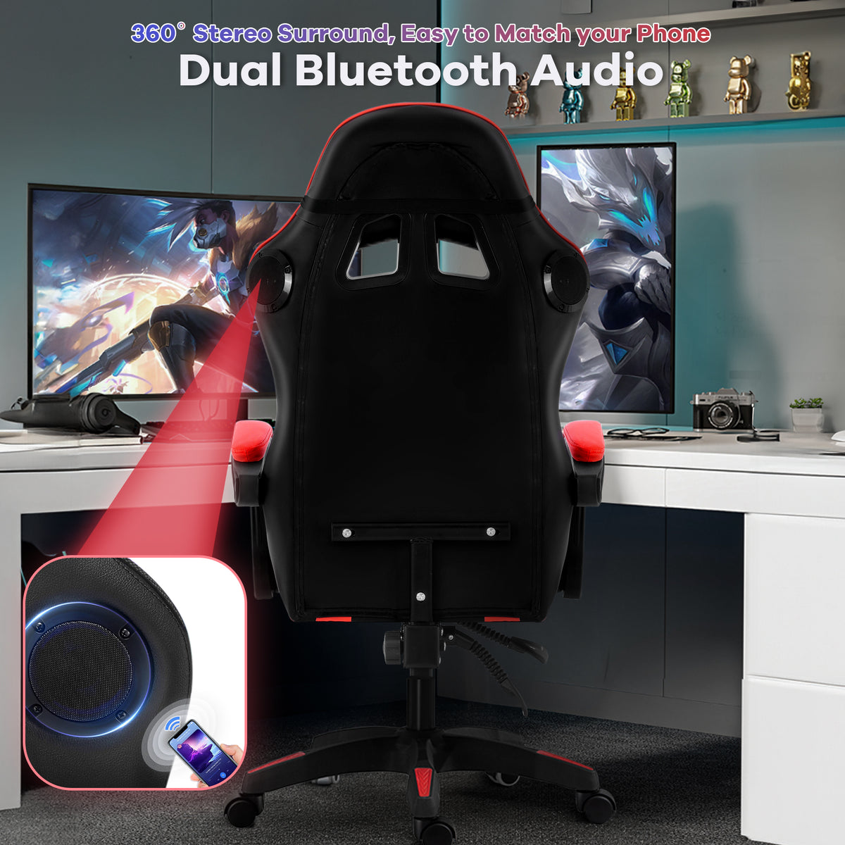Gaming Chair, CHAHO Ergonomic Office Chair Computer Racing Chair with Footrest Lumbar Support Headrest and Bluetooth Speakers for adults, Red/White