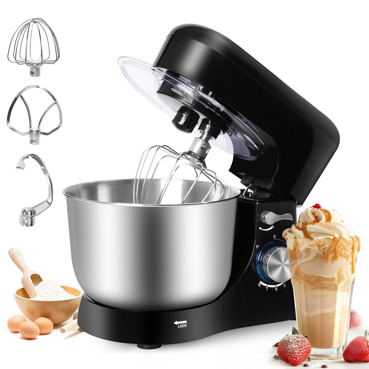 Brochao Stand Mixer, 5Qt 7-Speed with Dough Hook, Wire Whisk and Egg White Separator, Black