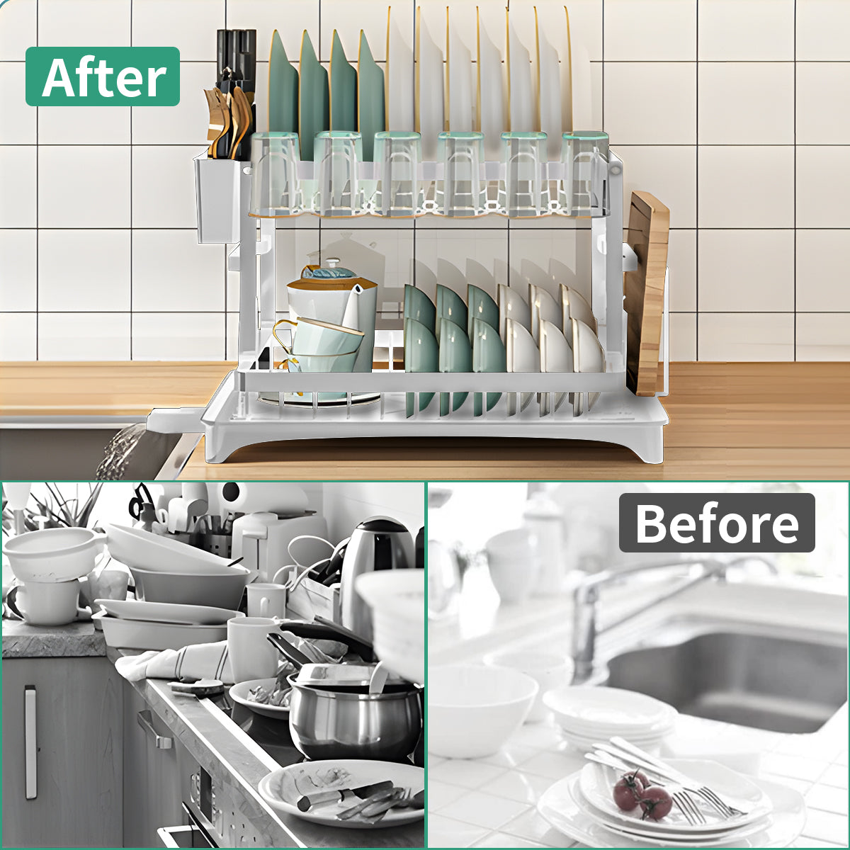 2-Tier Dish Rack, BRC Rustproof Dish Drainer with Drain Board and Utensil Holder for Kitchen