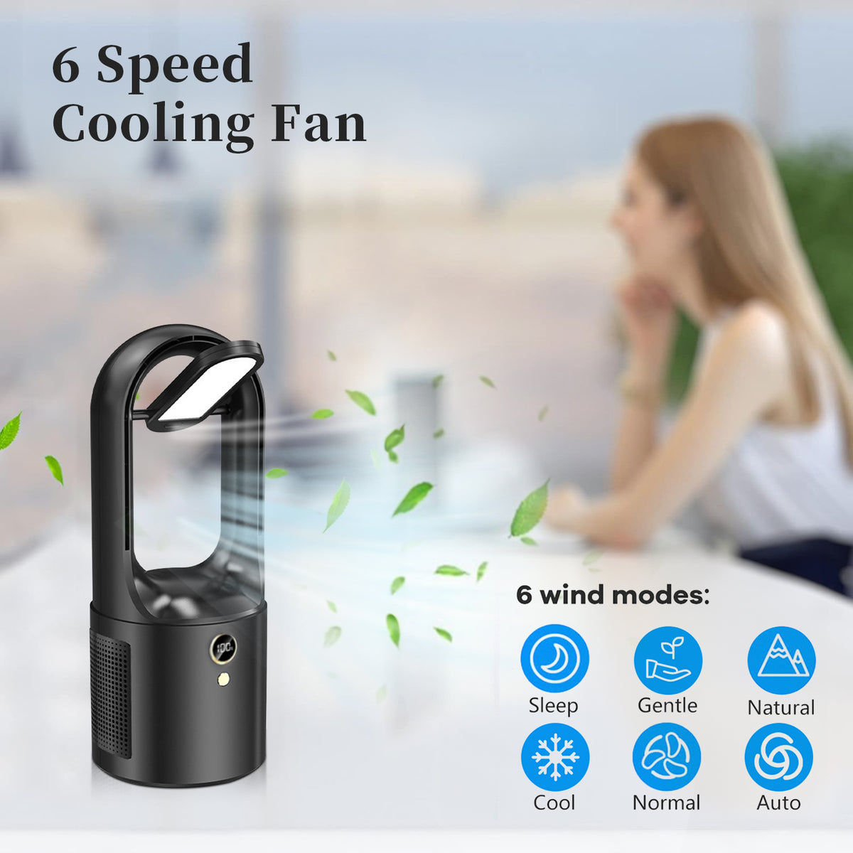 Bladeless Fan with LED Light, 13 inch Personal Desk Fan, with 6 Speeds and 3 Light Modes, for Bedroom Home Office Desktop