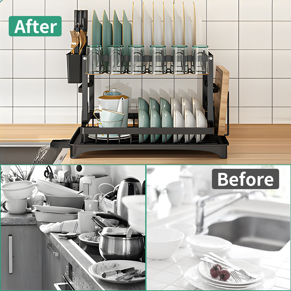 2-Tier Dish Rack, BRC Rustproof Dish Drainer with Drain Board and Utensil Holder for Kitchen