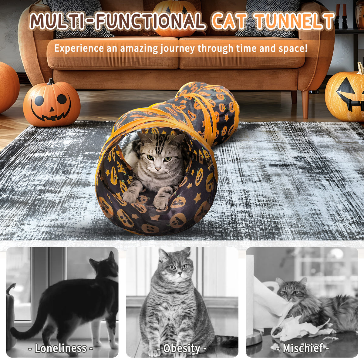 Indoor Cat Interactive Tunnel, 43.3-Inch Fun Patterned Tubular Toy, Fold able Pop-Up Easy to Clean