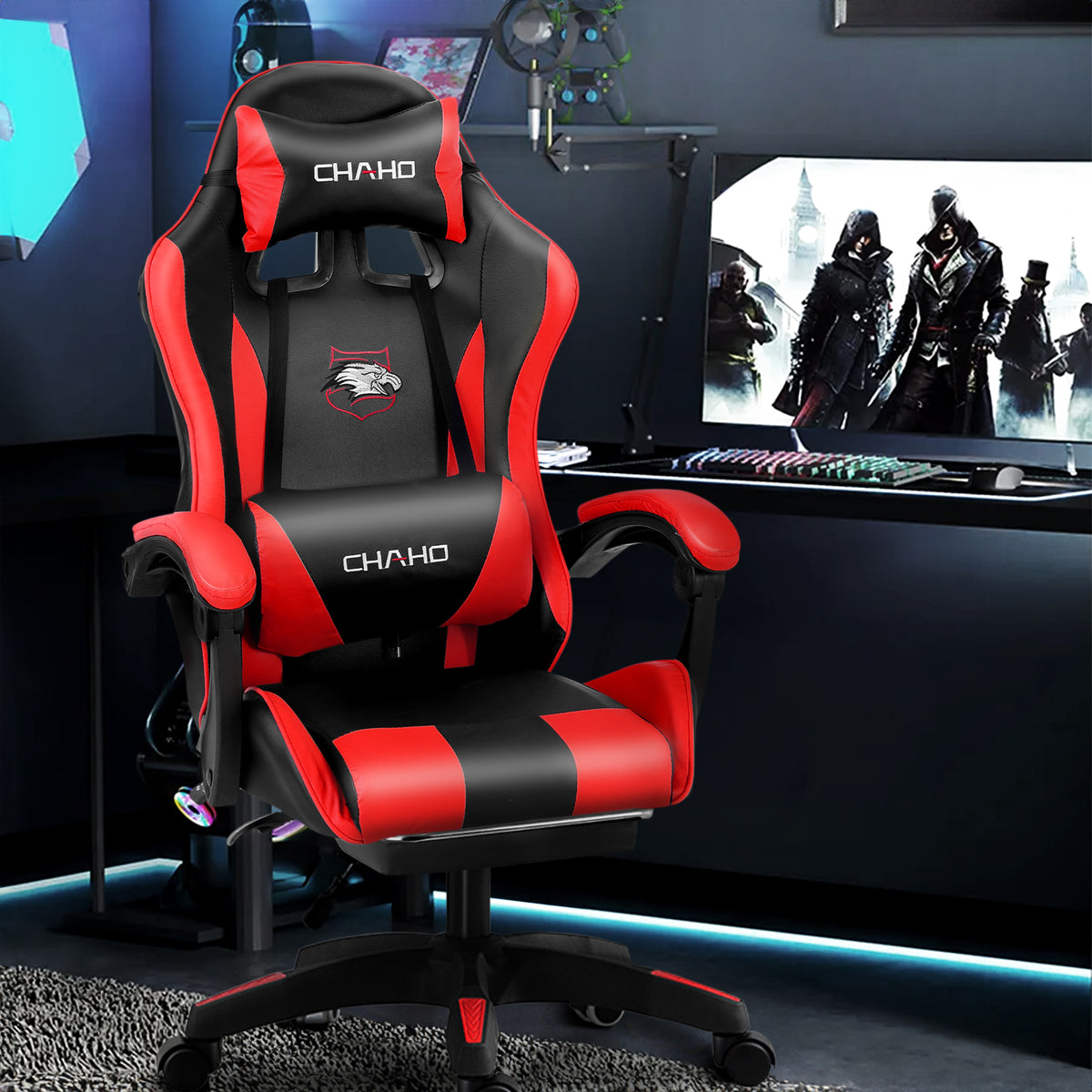 Gaming Chair, CHAHO Ergonomic Office Chair Computer Racing Chair with Footrest Lumbar Support Headrest and Bluetooth Speakers for adults, Red/White
