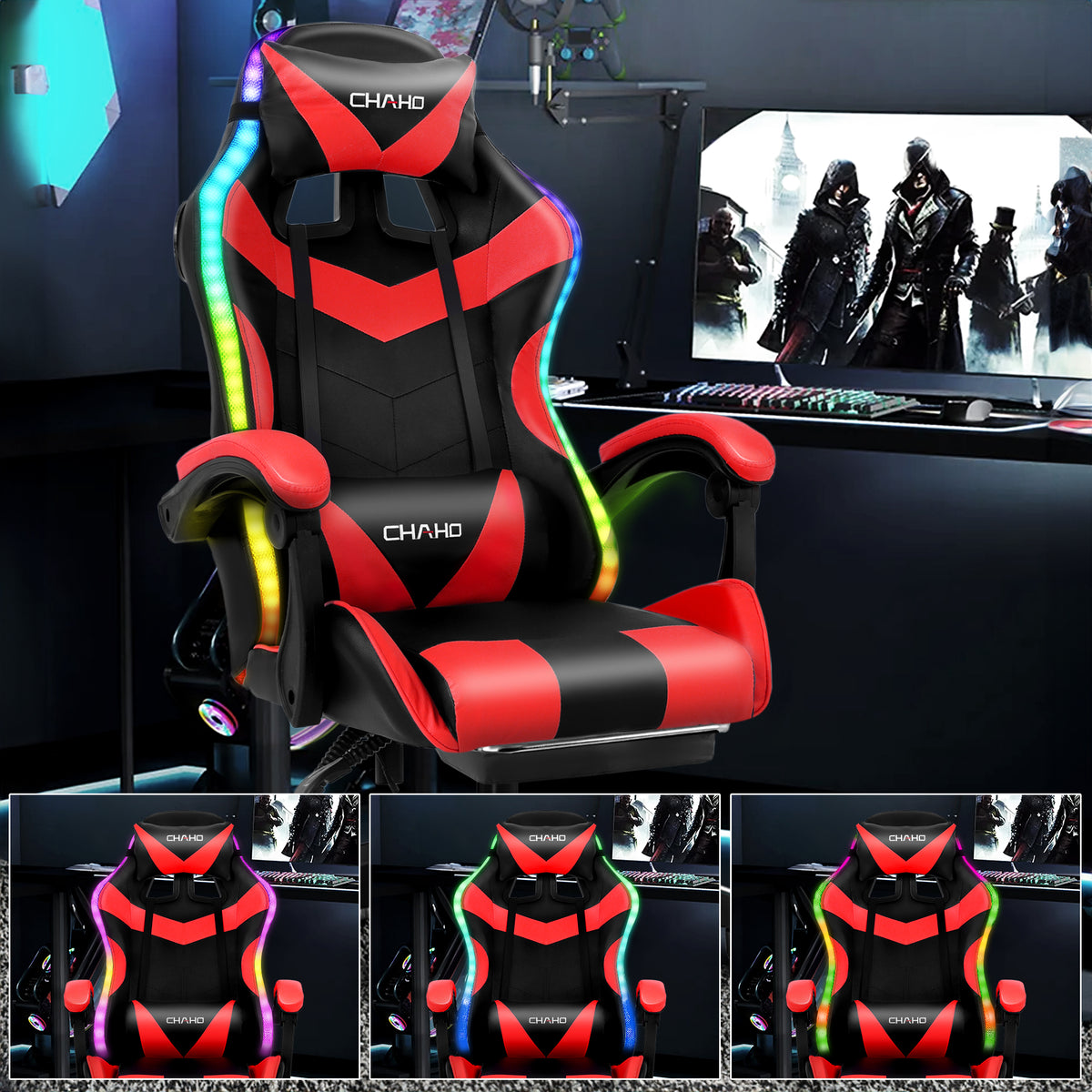 Ergonomic Gaming Chair, CHAHO Gaming Chair with Speaker & LED Lights, Computer Racing Chair for Adults, PU Leather Office Chair with Footrest Lumbar Support Headrest, Red