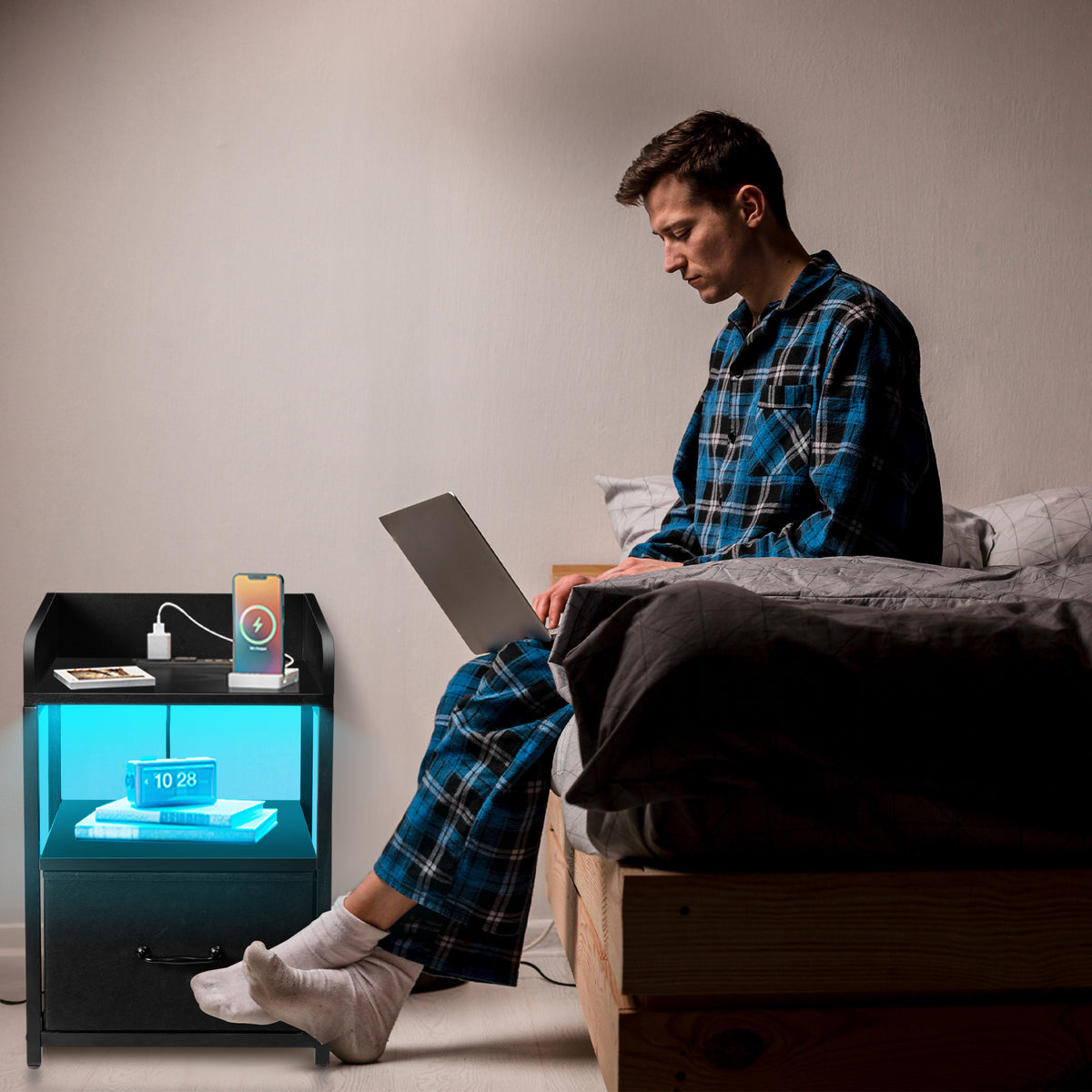 Brochao Nightstand with Charging Station, LED Light Night Stand with Fabric Drawers, Bedside Tables for Bedroom, Black