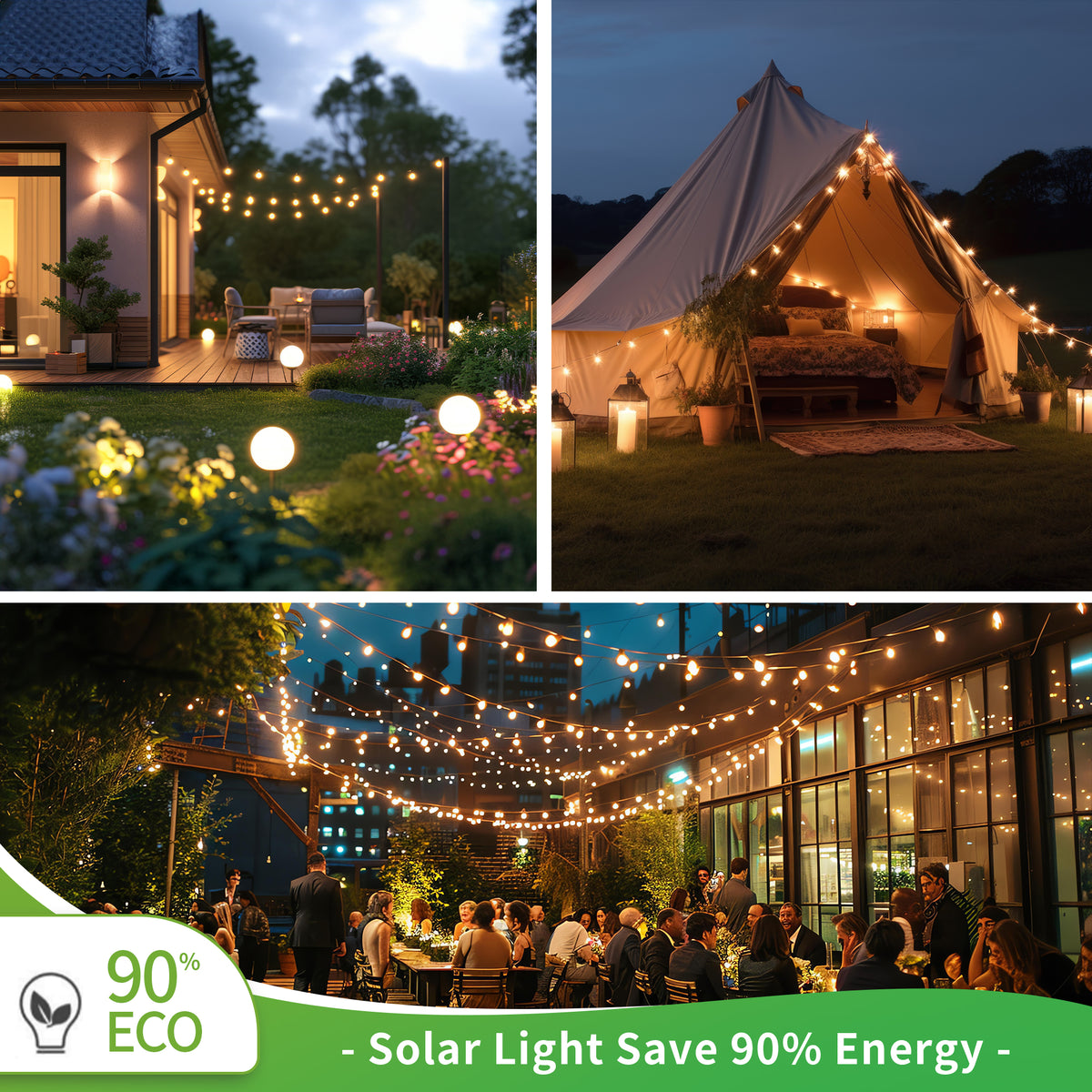 Brochao Solar String Lights Outdoor Waterproof Solar Power LED Patio Lights for Porch Garden Market Bistro, 50 Lights, 23 ft