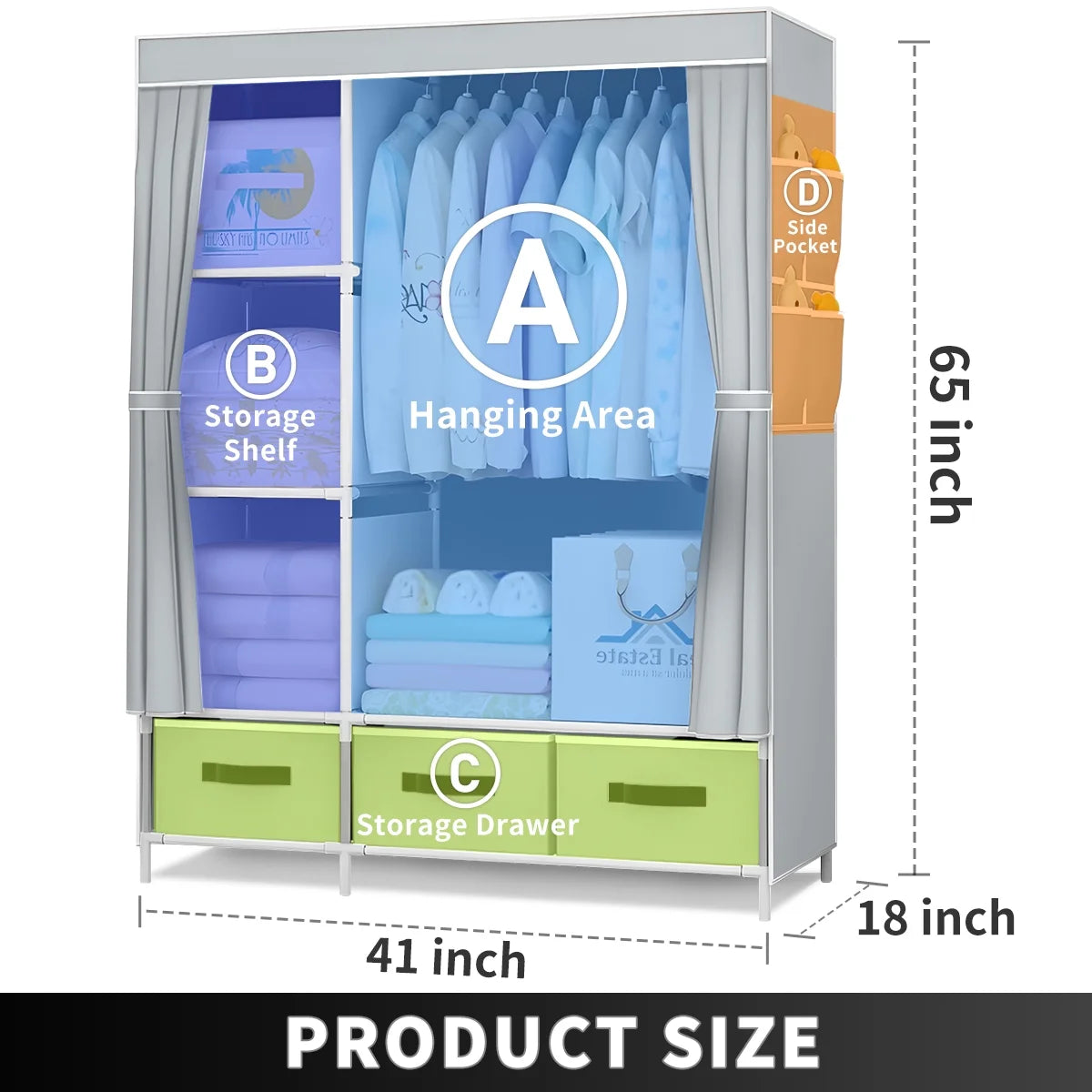 Portable Closet,Brochao Portable Wardrobe with 3 Drawer and 4 Storage Shelves and Side Pocket for Clothes Storage Organizer