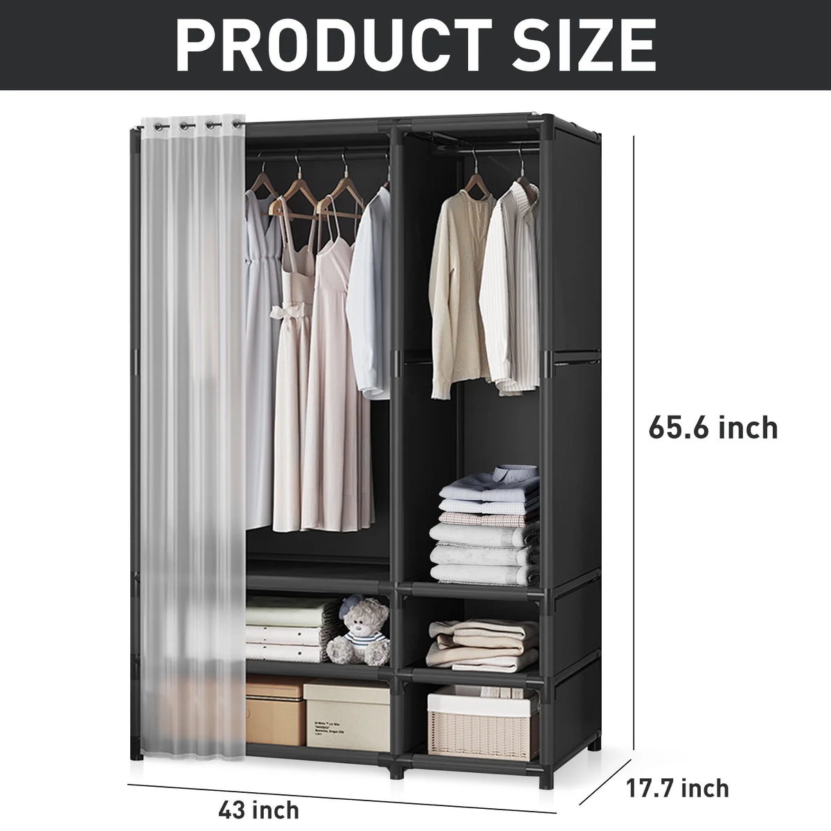 Portable Closet,Large Portable Wardrobe with 2 Hanging  & 4 Storage Shelves, Sturdy Clothes Storage Cabinet with Curtain for Living Room, Clothes Room