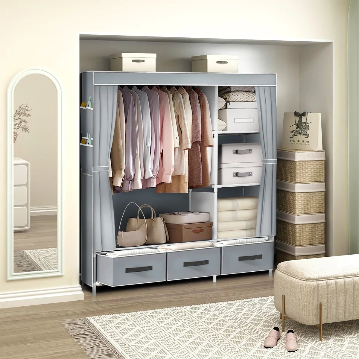 Portable Closet,Brochao Portable Wardrobe with 3 Drawer and 4 Storage Shelves and Side Pocket for Clothes Storage Organizer