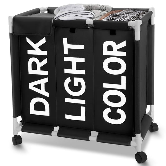 Laundry Hamper,Laundry Basket with Wheels and Lids,Brochao 150L 3 Section Laundry Sorter Cart,Laundry Bag for Clothes Toys Storage,Black