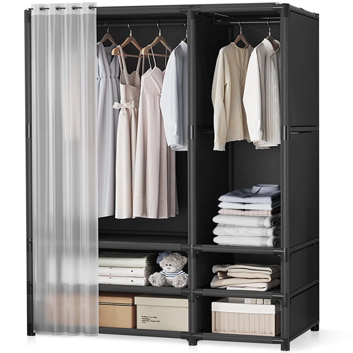 Portable Closet,Large Portable Wardrobe with 2 Hanging  & 4 Storage Shelves, Sturdy Clothes Storage Cabinet with Curtain for Living Room, Clothes Room