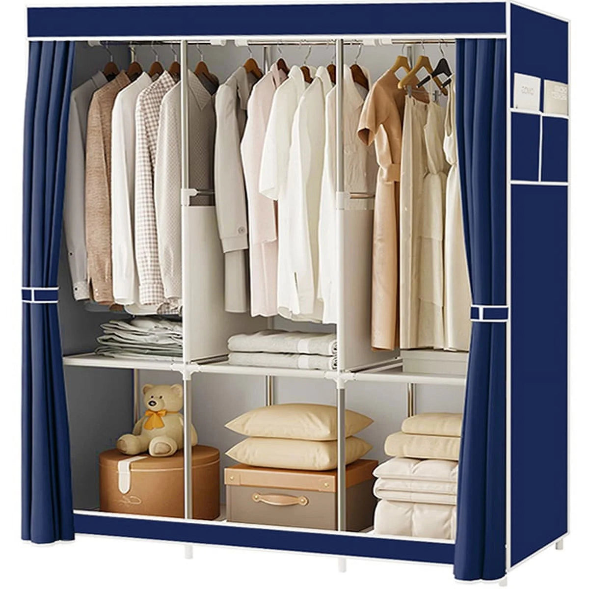 Portable Closet,Portable Wardrobe Closet Storage with 3 Hanging Rods,6 Storage Shelves,Side Pocket for Clothes Storage Organizer