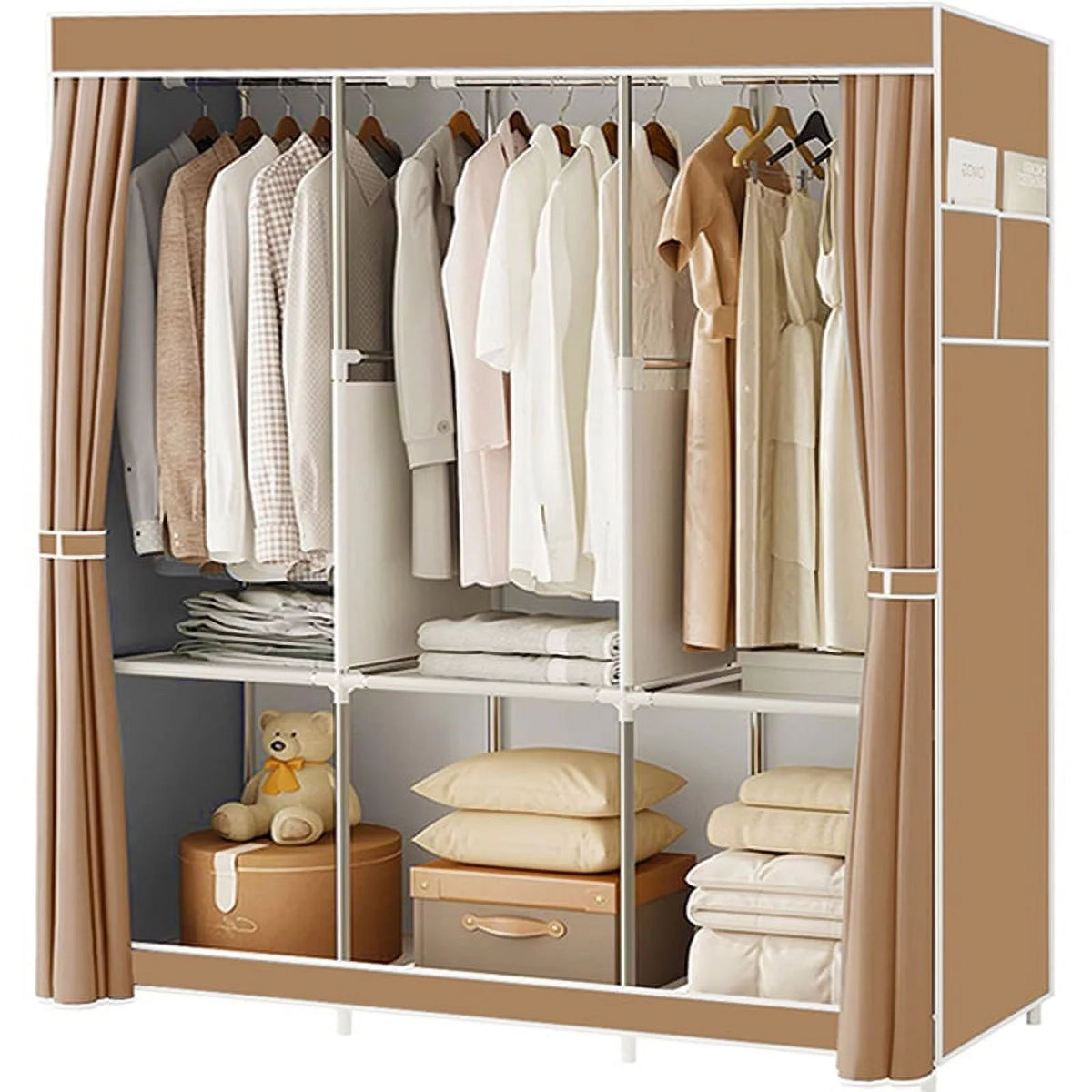 Portable Closet,Portable Wardrobe Closet Storage with 3 Hanging Rods,6 Storage Shelves,Side Pocket for Clothes Storage Organizer