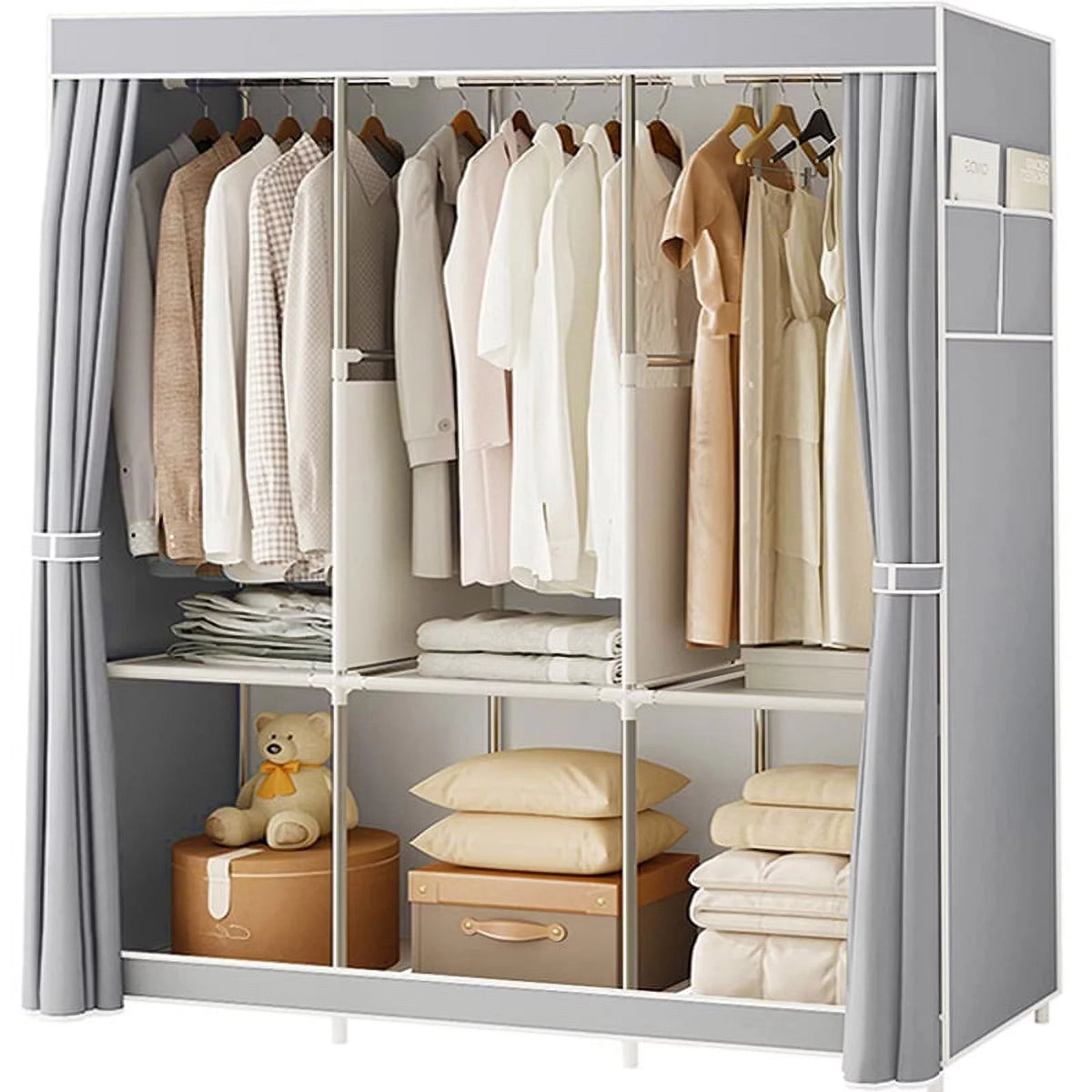 Portable Closet,Portable Wardrobe Closet Storage with 3 Hanging Rods,6 Storage Shelves,Side Pocket for Clothes Storage Organizer