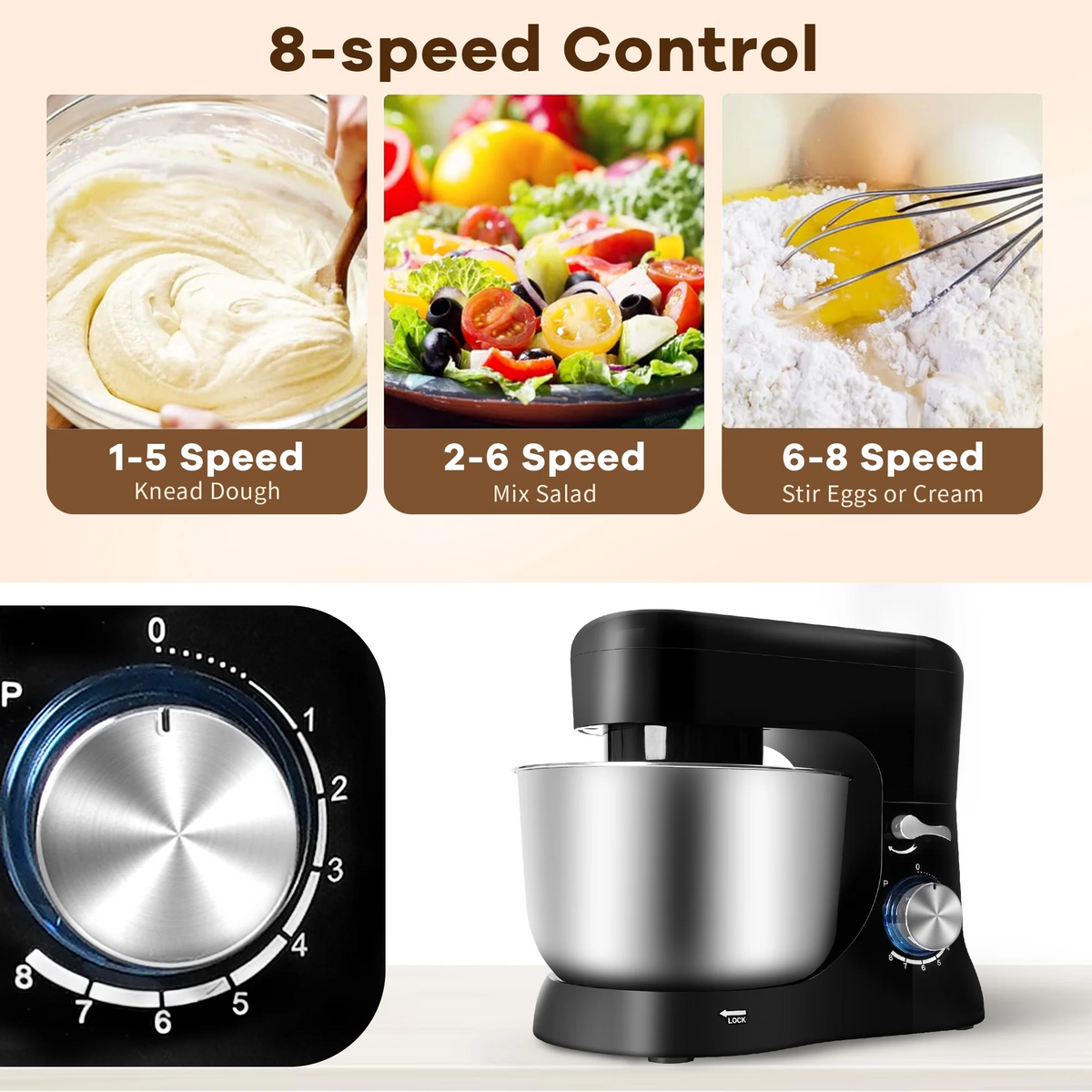 Brochao Stand Mixer, 5Qt 7-Speed with Dough Hook, Wire Whisk and Egg White Separator, Black