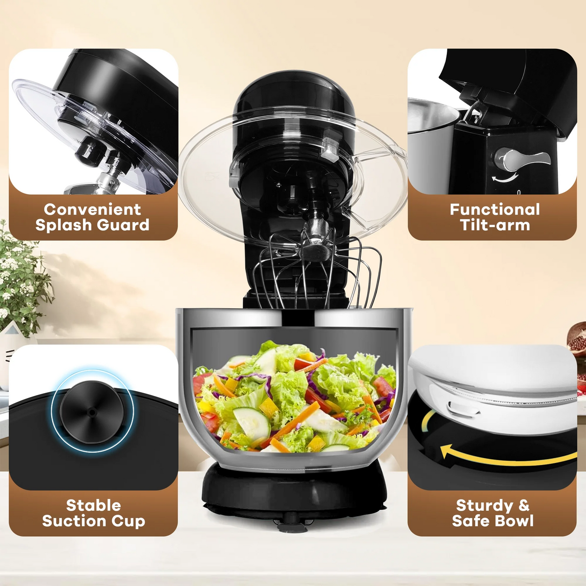 Brochao Stand Mixer, 5Qt 7-Speed with Dough Hook, Wire Whisk and Egg White Separator, Black