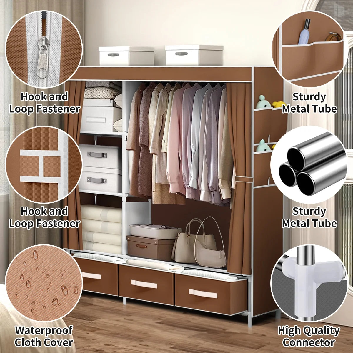 Portable Closet,Brochao Portable Wardrobe with 3 Drawer and 4 Storage Shelves and Side Pocket for Clothes Storage Organizer