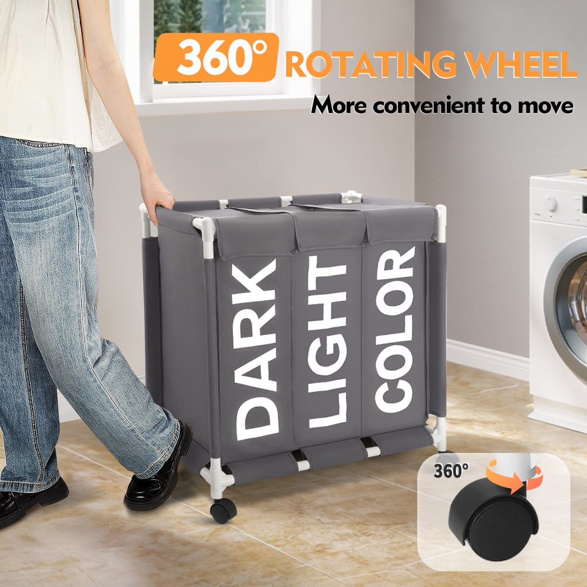 Laundry Hamper,Laundry Basket with Wheels and Lids,Brochao 150L 3 Section Laundry Sorter Cart,Laundry Bag for Clothes Toys Storage,Gray