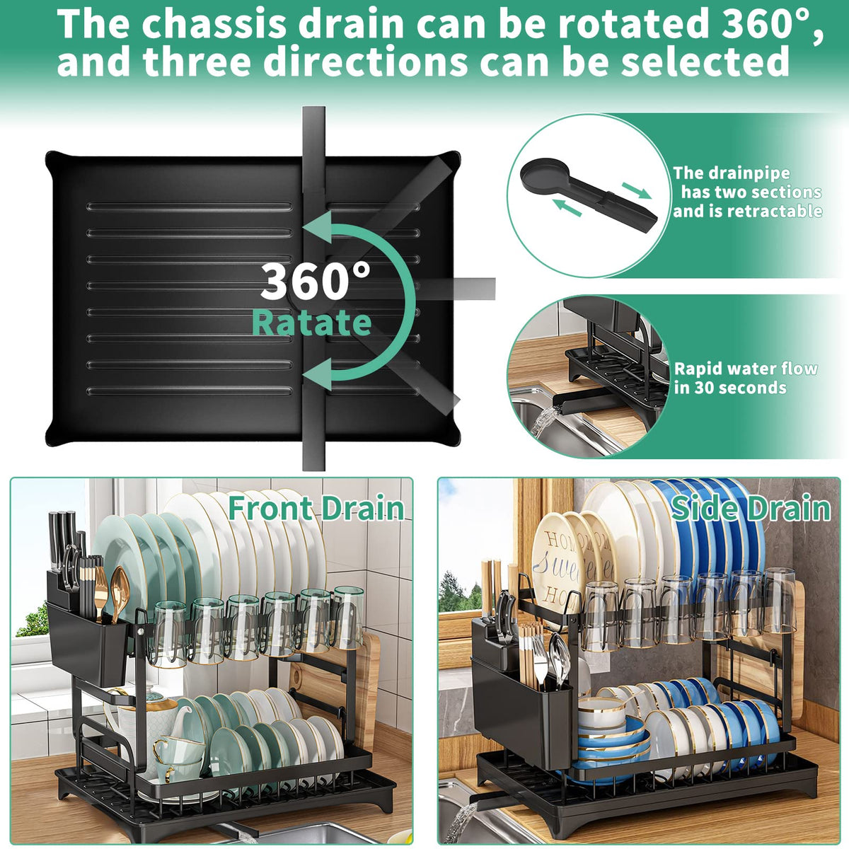 2-Tier Dish Rack, BRC Rustproof Dish Drainer with Drain Board and Utensil Holder for Kitchen