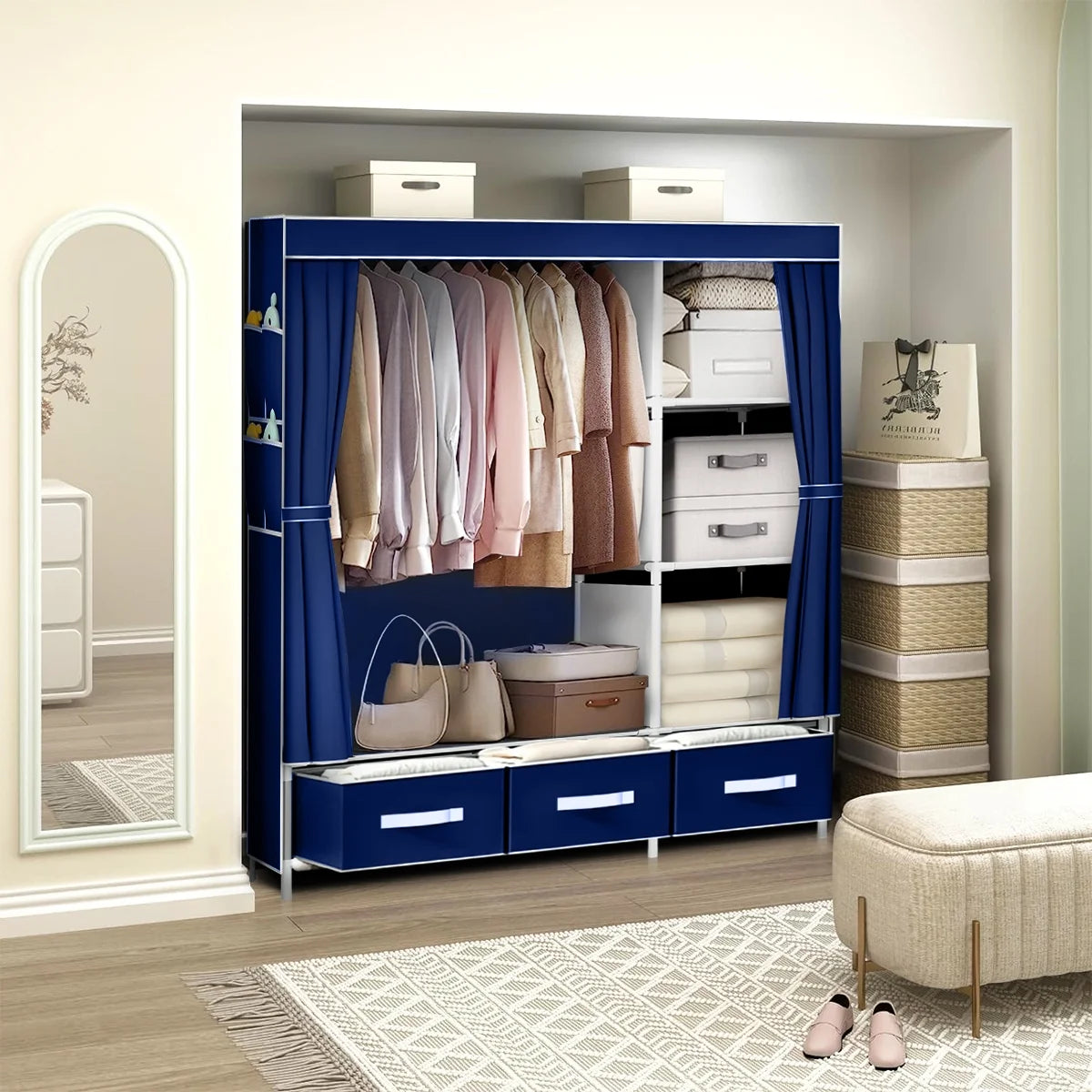 Portable Closet,Brochao Portable Wardrobe with 3 Drawer and 4 Storage Shelves and Side Pocket for Clothes Storage Organizer