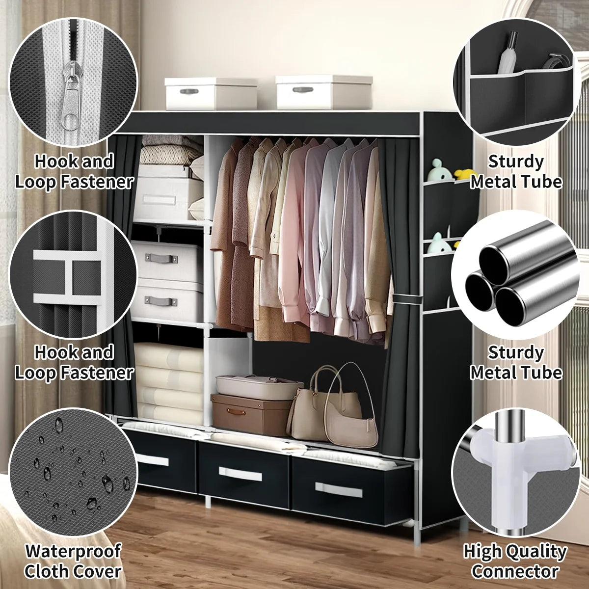 Portable Closet,Brochao Portable Wardrobe with 3 Drawer and 4 Storage Shelves and Side Pocket for Clothes Storage Organizer