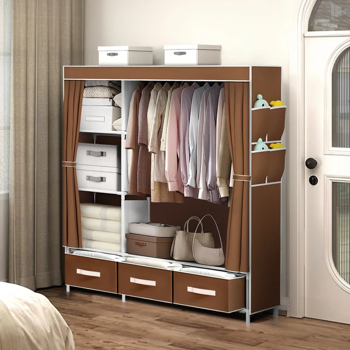 Portable Closet,Brochao Portable Wardrobe with 3 Drawer and 4 Storage Shelves and Side Pocket for Clothes Storage Organizer