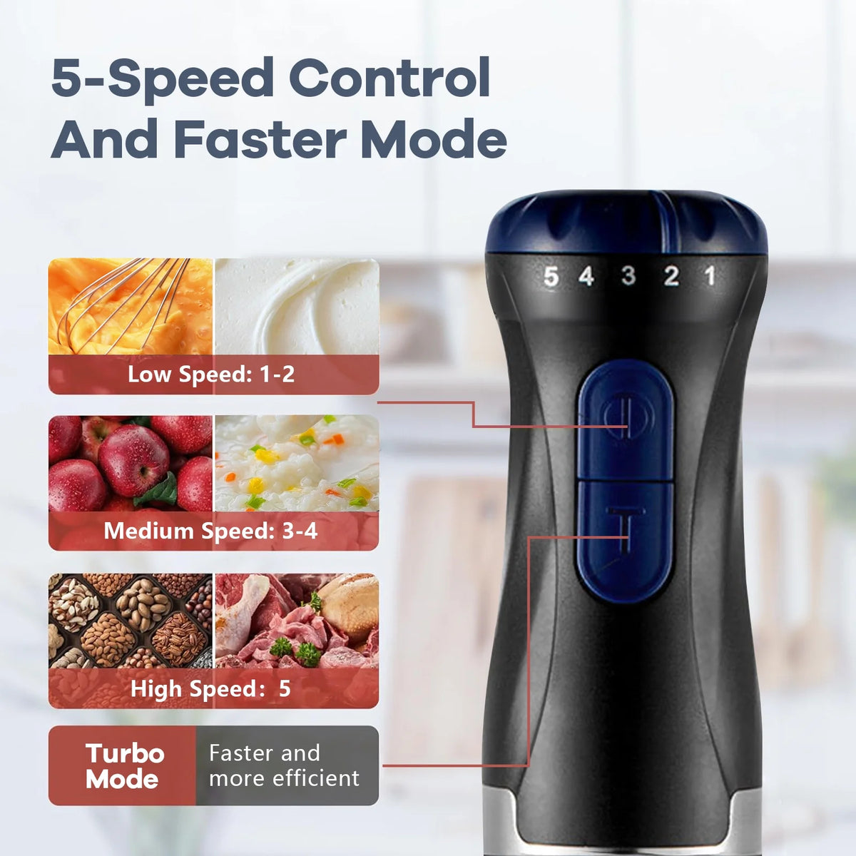 4-in-1 Immersion Blender, Titanium Steel Blades 1000 Watts, 5-Position and Turbo Mode Stick with Whisk, Food Processor, Beaker