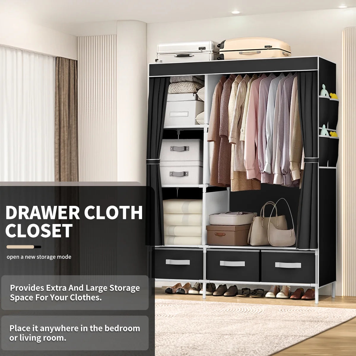 Portable Closet,Brochao Portable Wardrobe with 3 Drawer and 4 Storage Shelves and Side Pocket for Clothes Storage Organizer