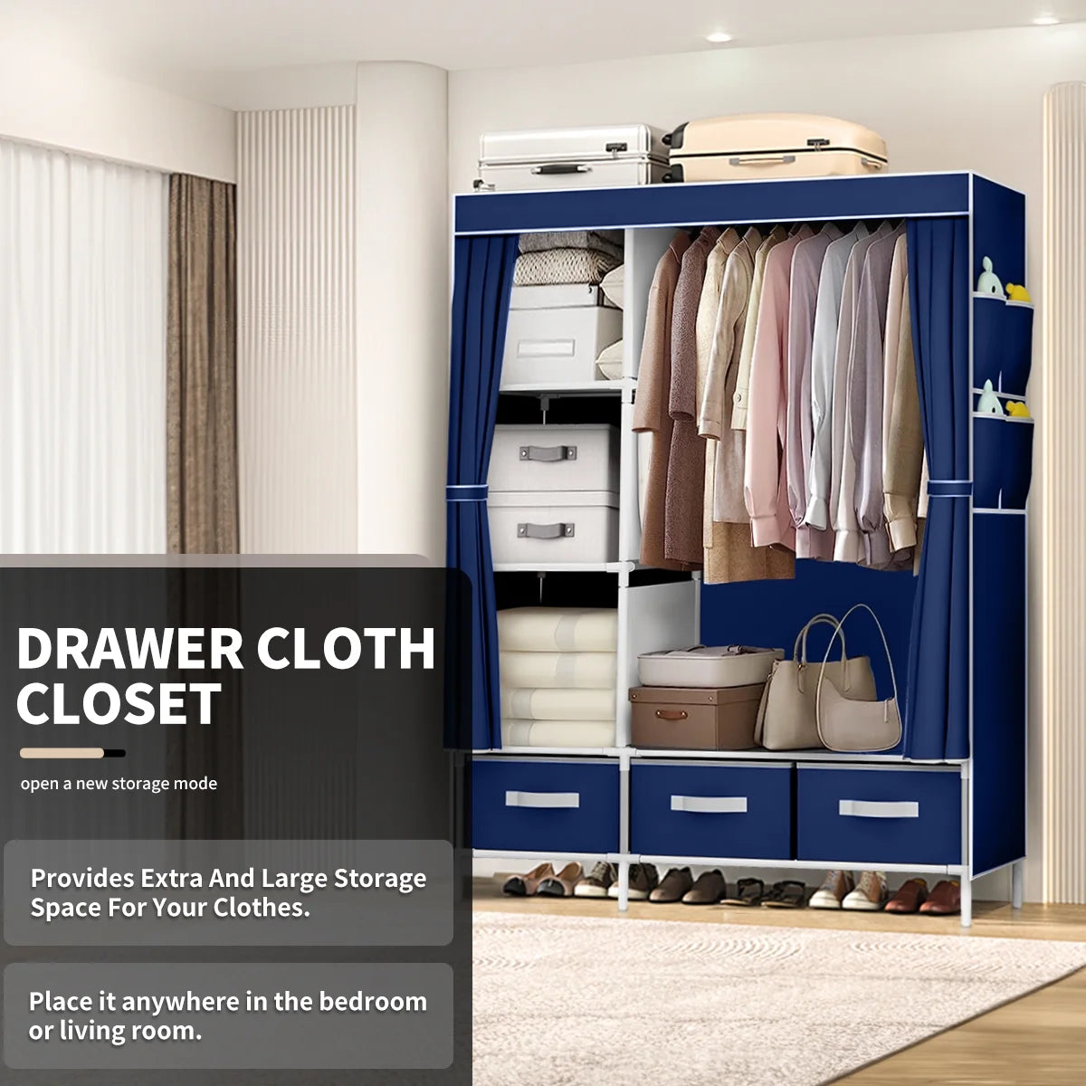 Portable Closet,Brochao Portable Wardrobe with 3 Drawer and 4 Storage Shelves and Side Pocket for Clothes Storage Organizer