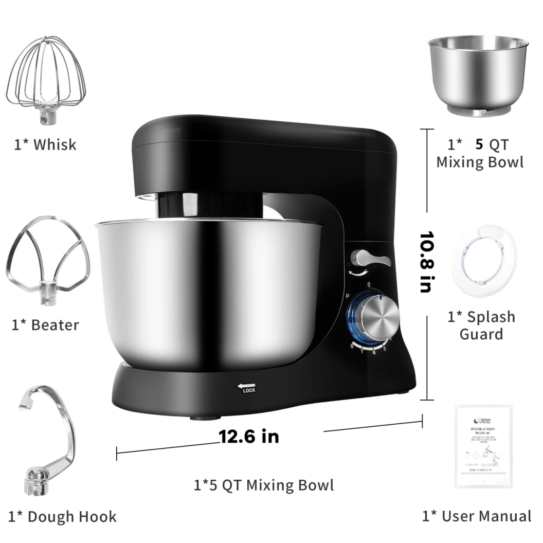 Brochao Stand Mixer, 5Qt 7-Speed with Dough Hook, Wire Whisk and Egg White Separator, Black