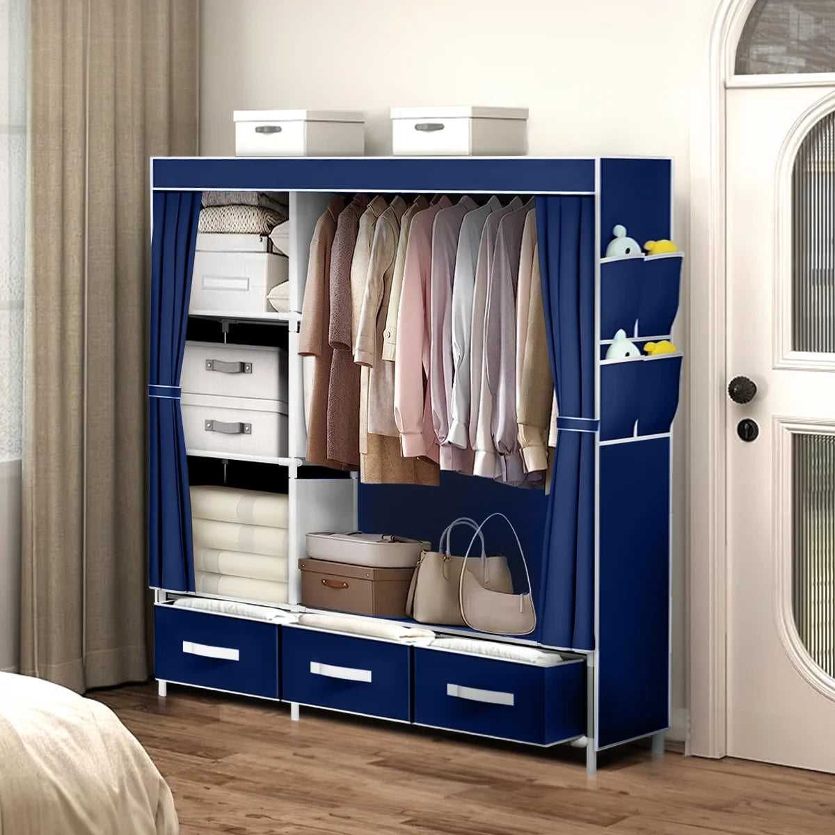 Portable Closet,Brochao Portable Wardrobe with 3 Drawer and 4 Storage Shelves and Side Pocket for Clothes Storage Organizer