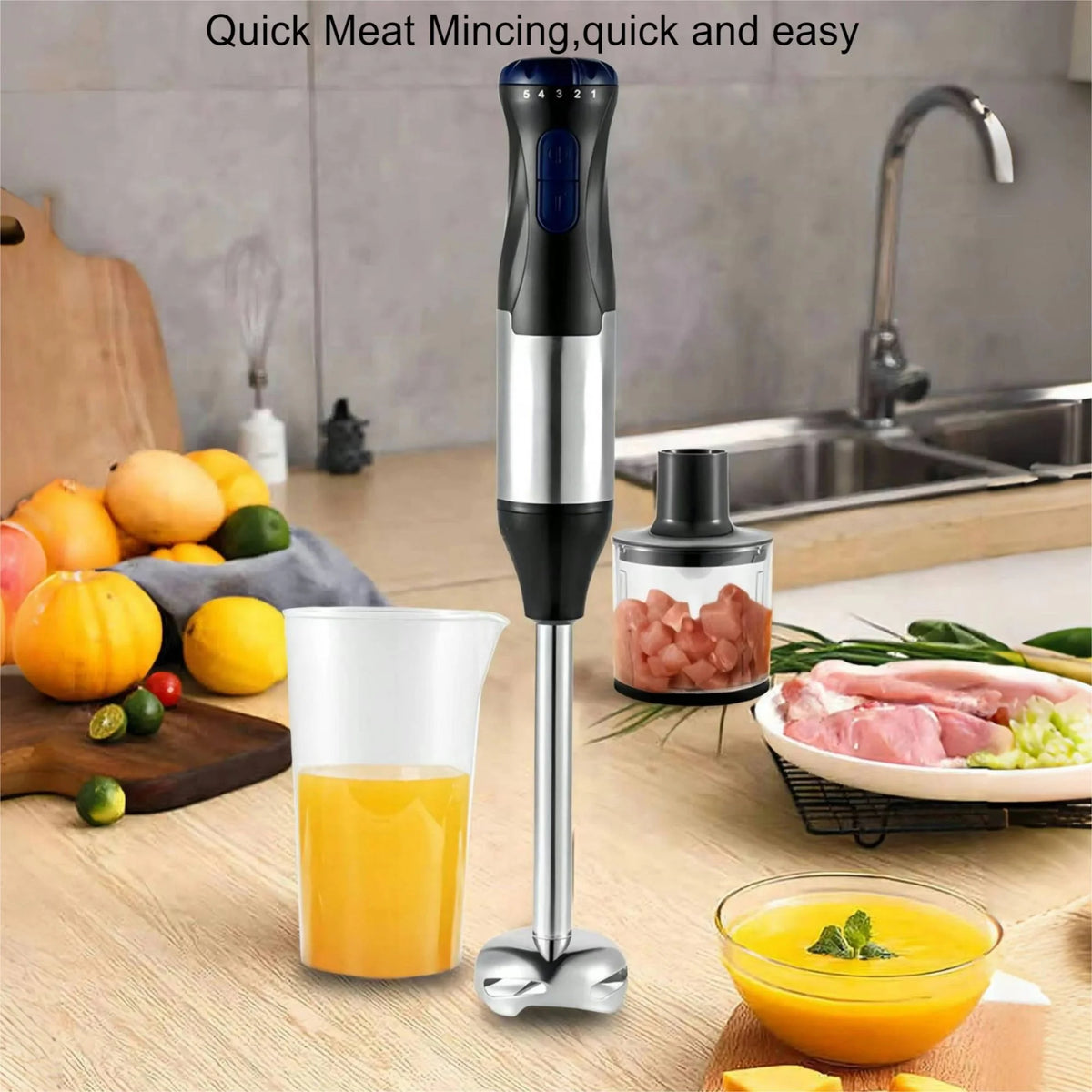 4-in-1 Immersion Blender, Titanium Steel Blades 1000 Watts, 5-Position and Turbo Mode Stick with Whisk, Food Processor, Beaker