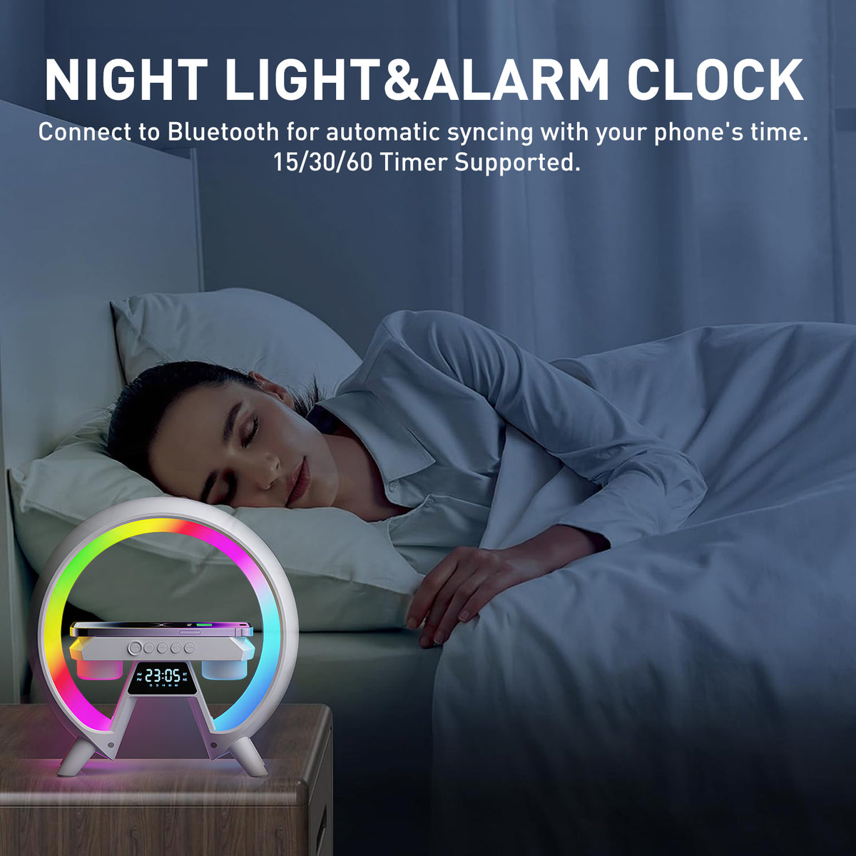 Brochao Digital Alarm Clock with Wireless Charging, Bluetooth Speaker & Dimmable Night Light, 4 in 1 LED Table Lamp Desk Lamp for Bedroom Living Room Office